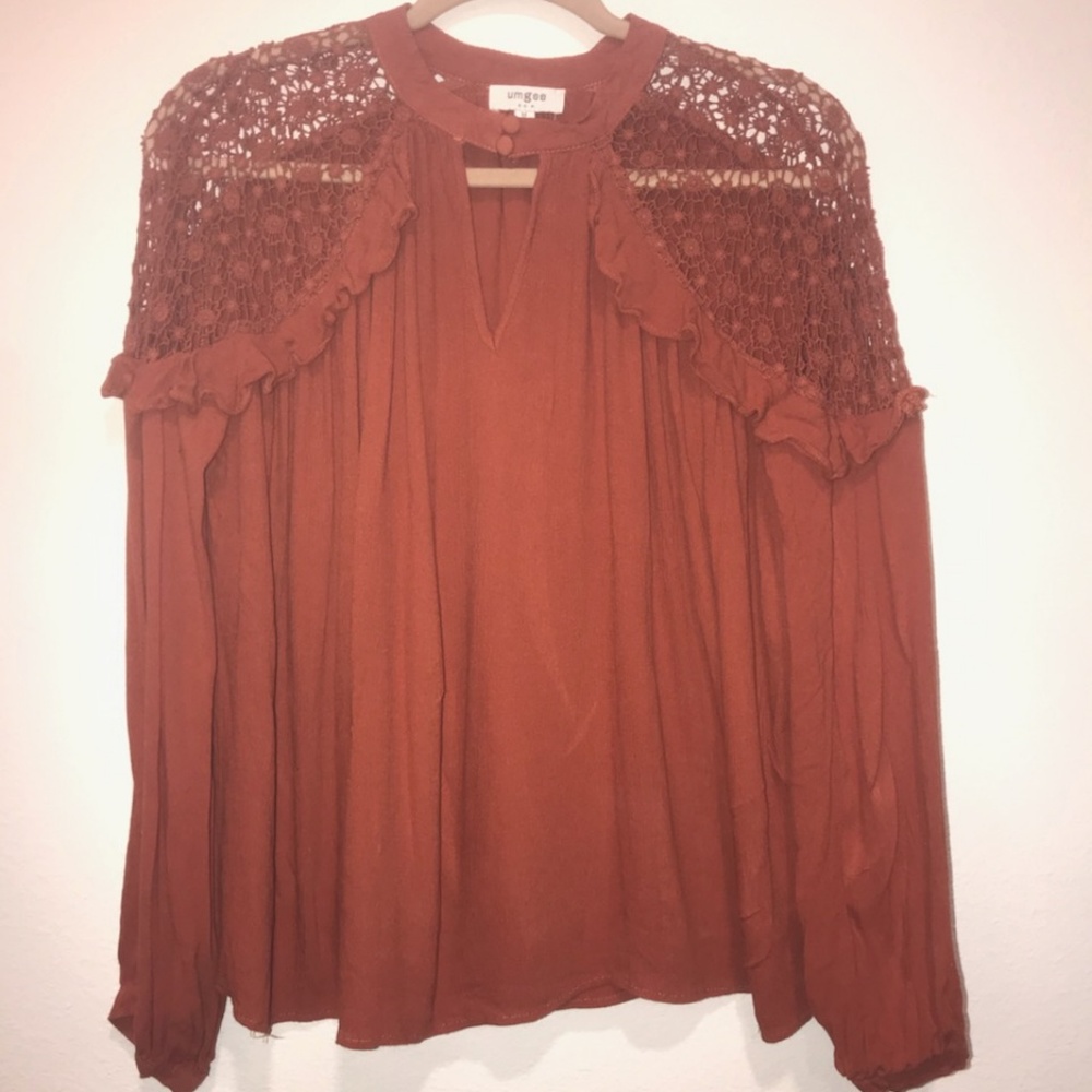 Rust Knit Shoulder Sweater with Ruffle - Picture 4 of 4